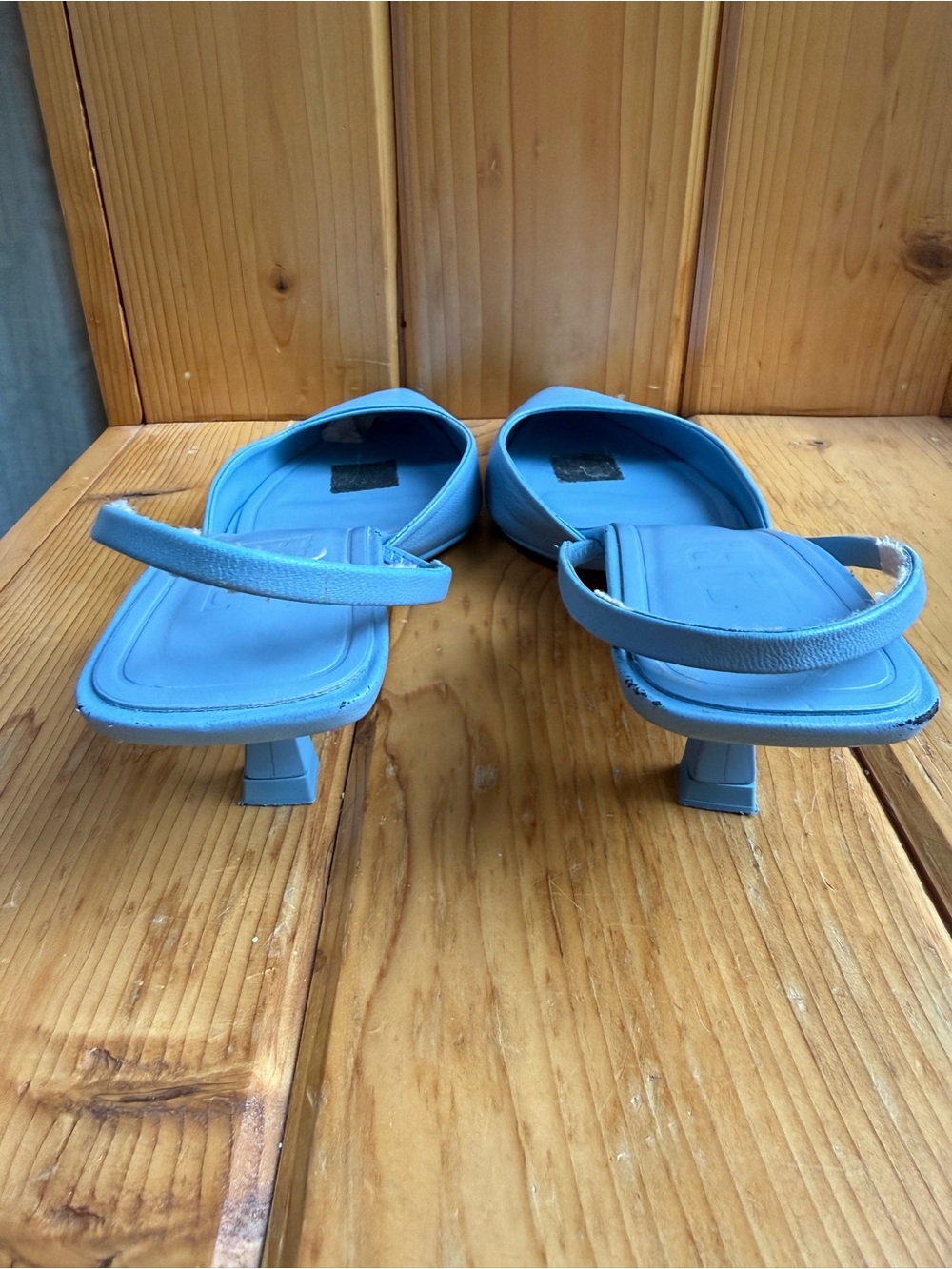 Size 8.5 / 9 Zara Light Blue Leather Pointed-Toe Kitten-Heel Slingback Mules - Picture 8 of 15